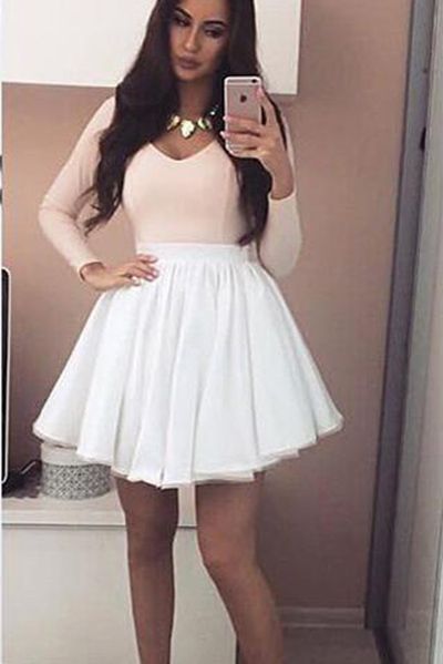 Pink V-neck Long Sleeves Mini Grad Homecoming Dress with White Skirt cg1958
