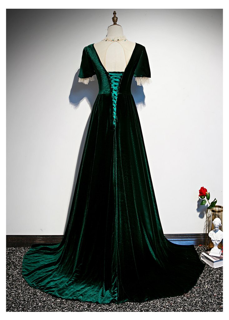 Dark Green Velvet Short Sleeves A-Line Bridesmaid Dress, Long Prom Dress Evening Dress cg20089