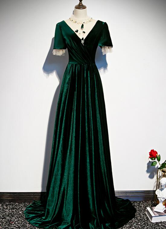 Dark Green Velvet Short Sleeves A-Line Bridesmaid Dress, Long Prom Dress Evening Dress cg20089