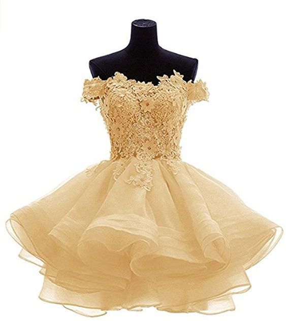 Elegant Yellow Appliques Tulle Dress, Ruffles Off Shoulder Short Homecoming Dress cg2063