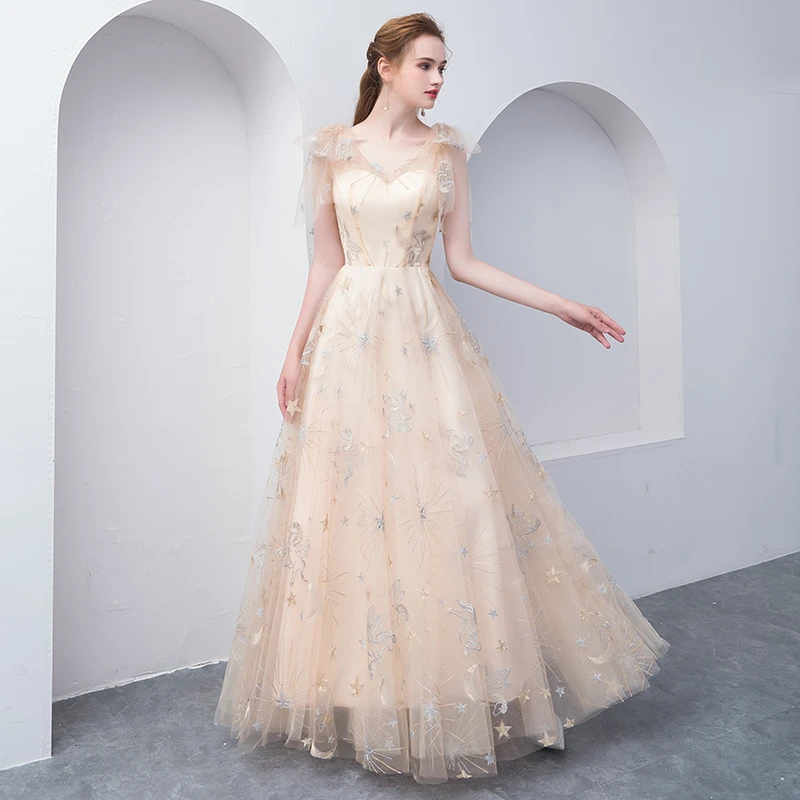 Light Champagne Lovely A-Line Floor Length Party Dress, Cute Tulle Bridesmaid Dress prom dress evening dress cg20677