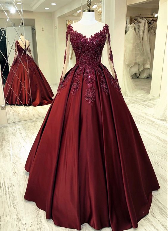 Elegant burgundy wedding dress lace long sleeves ball gown sheer neckline for women prom dress, evening dress cg21004