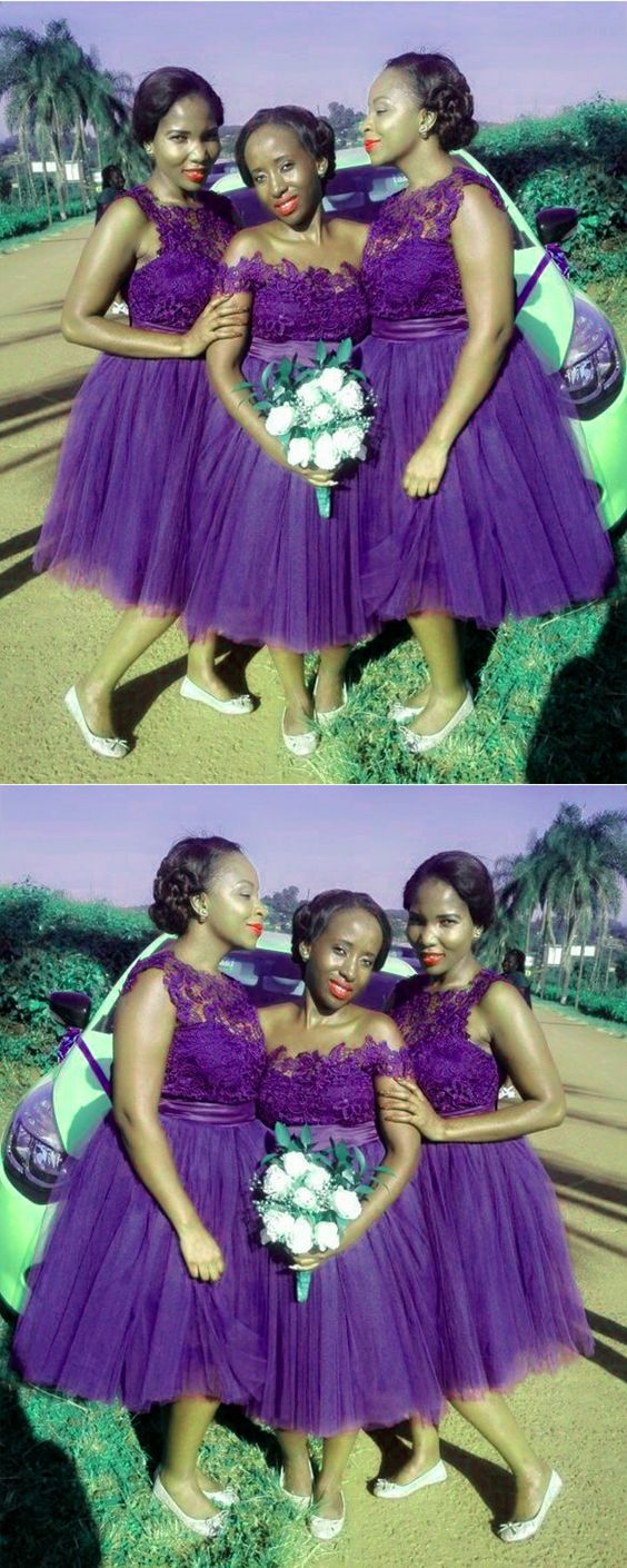 Vintage Purple Bridesmaid Dresses Tea Length Lace Appliques With Ruffles Skirt Homecoming Dress cg21304