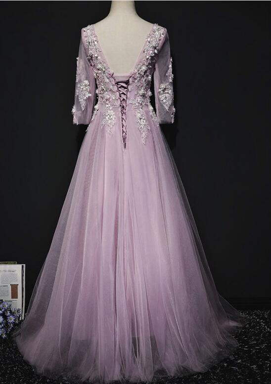 Pink Long Sleeves Tulle With Flowers V-Neckline Prom Dress, A-Line Pink Bridesmaid Dress Party Dress cg21372