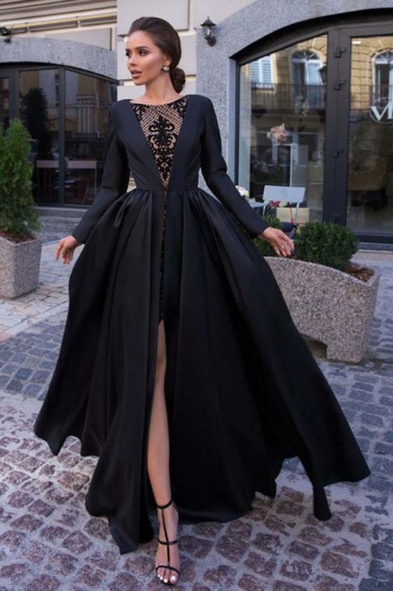 A-Line Round Neck Long Sleeves Black Long Prom Dress cg2145