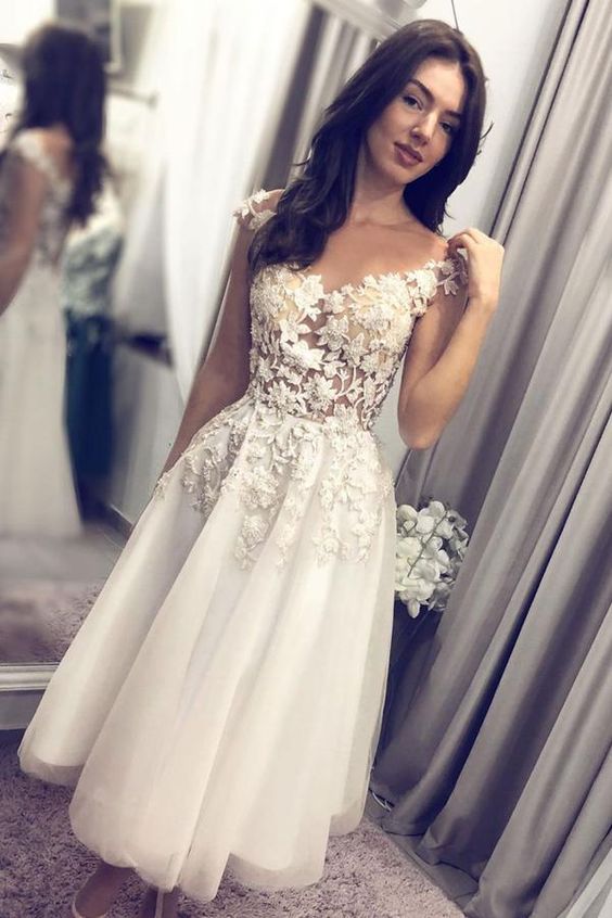 White tulle lace short prom dress lace bridesmaid dress cg22039