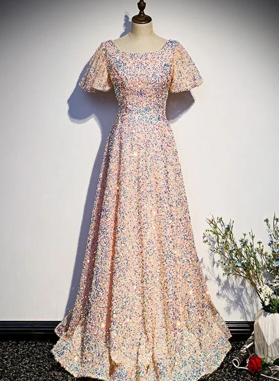 Pink Sequins Short Sleeves Long Bridesmaid Dress, Seqins Floor Length Prom Dress cg22079