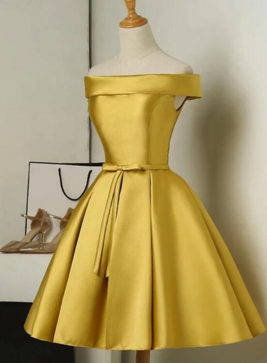 Gold Short Party Dress, Simple Off Shoulder Homecoming Dress cg221