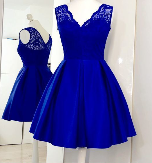 Charming Royal Blue Cute homecoming Dress, Lace Satin Short Homecoming Dress cg233