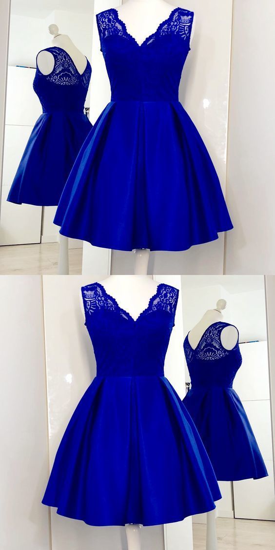 Charming Royal Blue Cute homecoming Dress, Lace Satin Short Homecoming Dress cg233