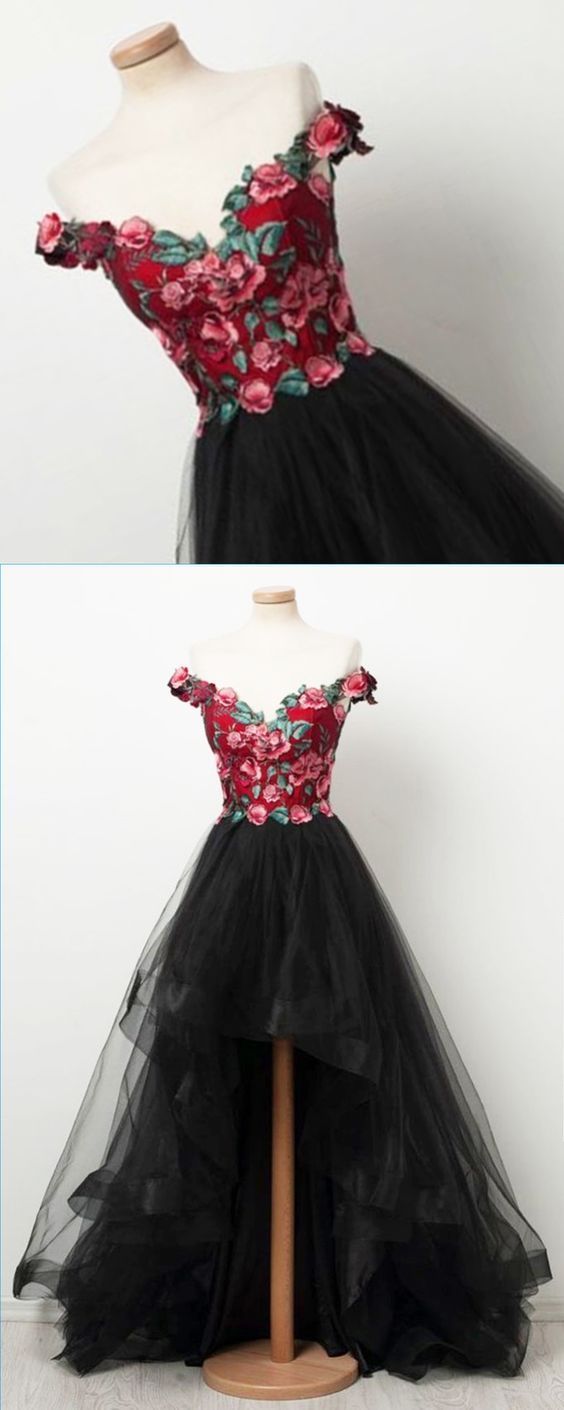 off shoulder evening dress,red embroider high low homecoming dress cg235