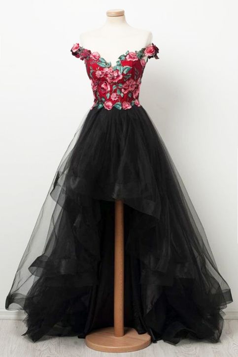 off shoulder evening dress,red embroider high low homecoming dress cg235