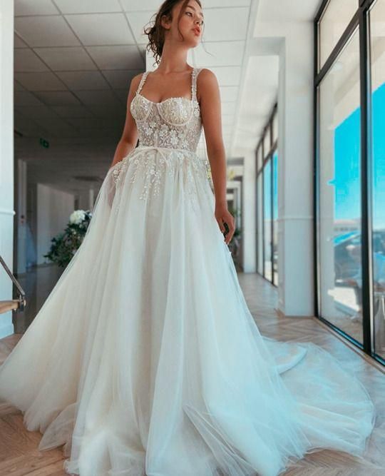 A-line spaghetti straps lace prom dress with pockets cg23738