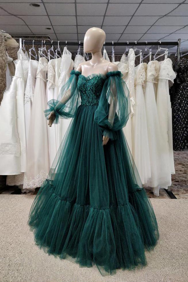 Pretty Green Lace Prom Dresses Puff Long Sleeves Off The Shoulder Lace Appliques Tulle Ball Gown cg24134