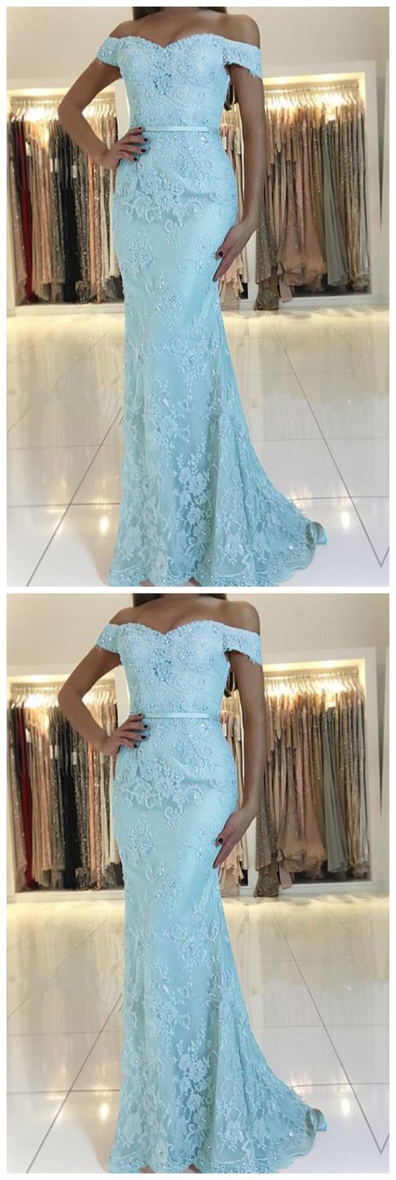 Off The Shoulder Mermaid Blue Lace Prom Dress cg24425