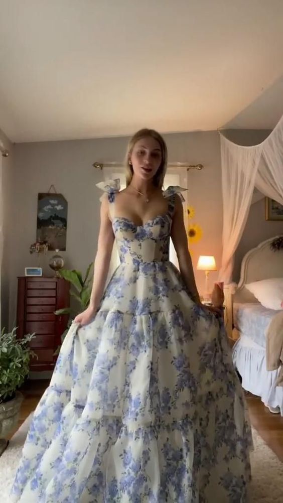 Beautiful Floral Print Chiffon Long Prom Dresses Evening Dress cg24815