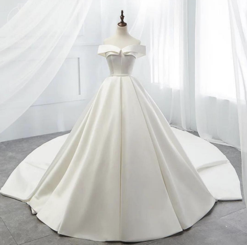 White off shoulder satin long prom dress, white evening dress, white wedding dress, white formal dress cg2789