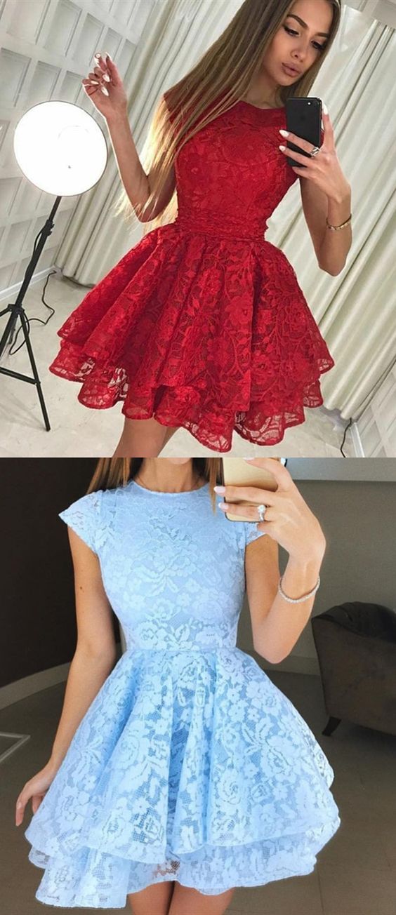 A-Line Round Neck Short Red Lace Homecoming Dress cg2846
