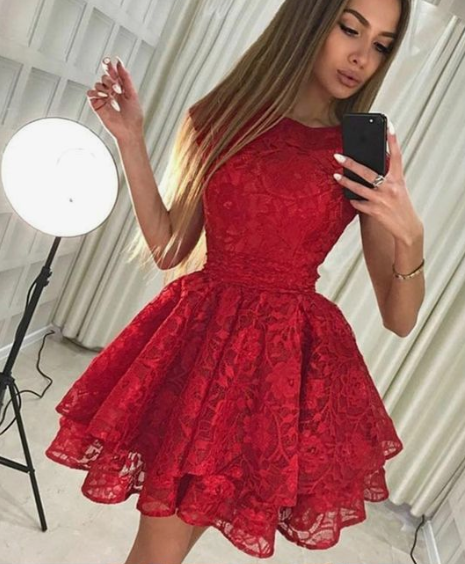 A-Line Round Neck Short Red Lace Homecoming Dress cg2846