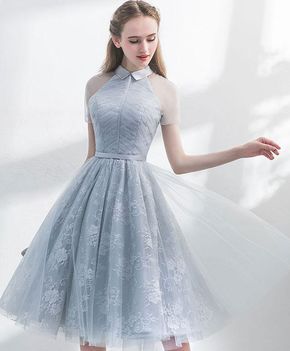 Unique Grey Tulle Homecoming Dress, A-Line See Through Short Sleeves Dress, Elegant Party Dress cg290