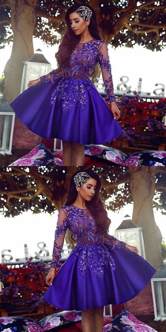 A-Line Round Neck Long Sleeves Royal Blue Short homecoming Dress with Appliques cg312