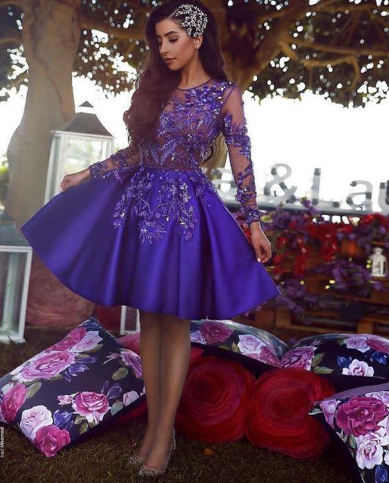 A-Line Round Neck Long Sleeves Royal Blue Short homecoming Dress with Appliques cg312