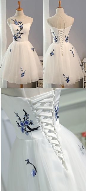 Lace up Tulle Short Homecoming Dress, Elegant White homecoming Dress, Cheap Party Dress cg313