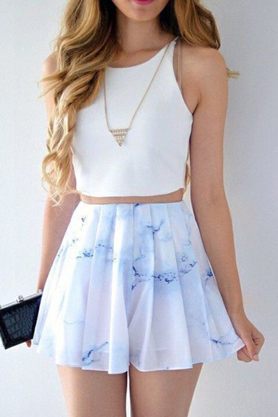 Two Piece Bateau Short Printed White Chiffon Homecoming Dress cg368