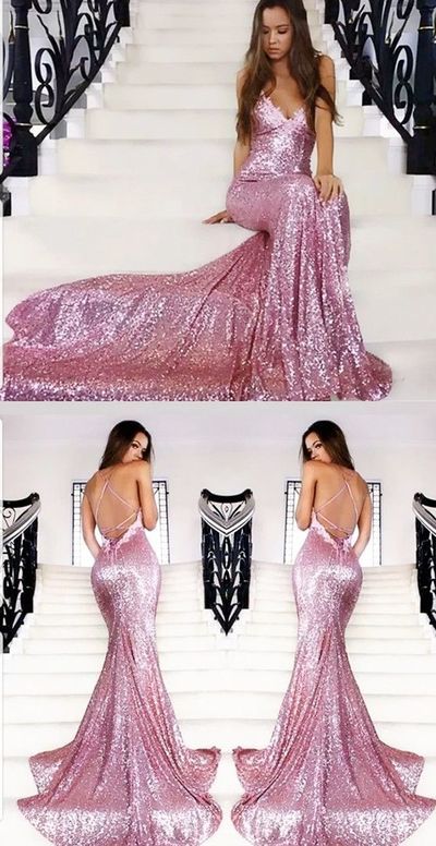 Spaghetti Straps pink sequin prom dress ,modest prom dress cg462