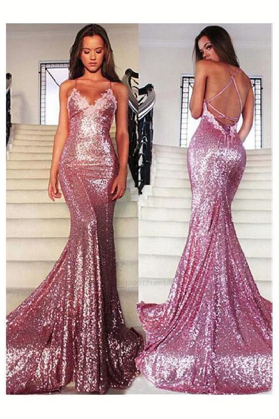 Spaghetti Straps pink sequin prom dress ,modest prom dress cg462