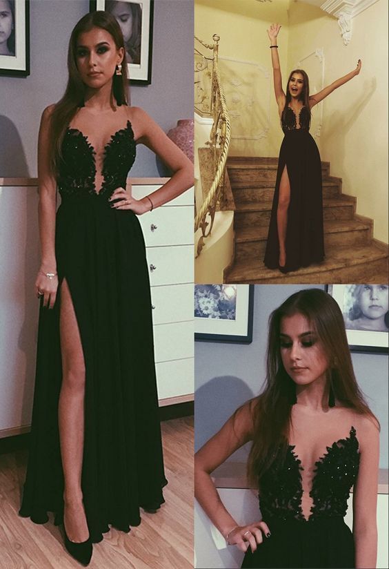 A-Line Chiffon Black Prom Dress with Appliques Beading Split Long Evening Dress cg469