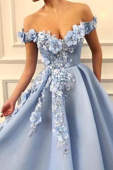 A Line Blue Off the Shoulder Tulle Lace Sweetheart 3D Flowers Prom Dresses,Formal Dress cg486