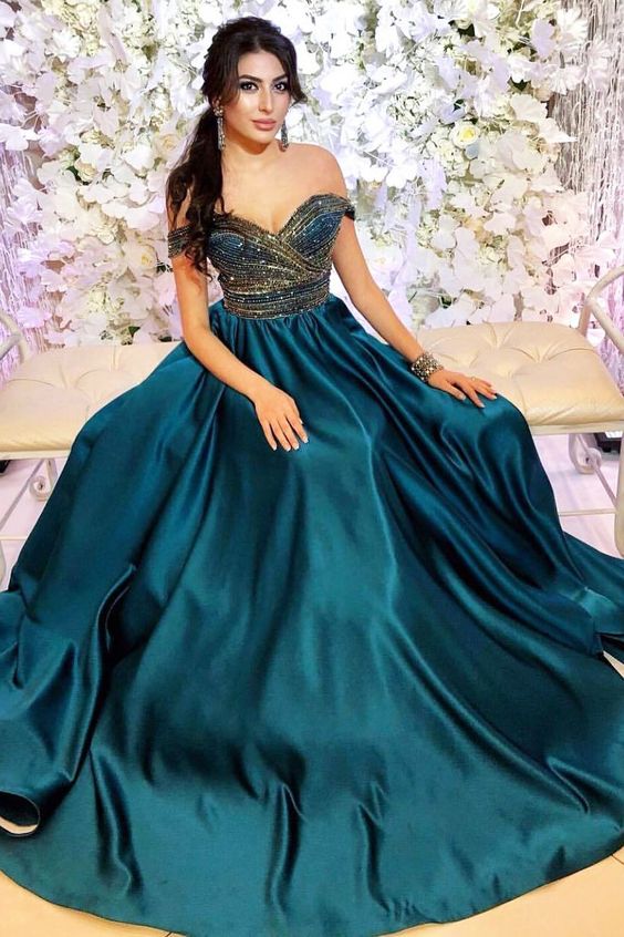 Off the Shoulder Beading Long Teal Prom Dress cg5621