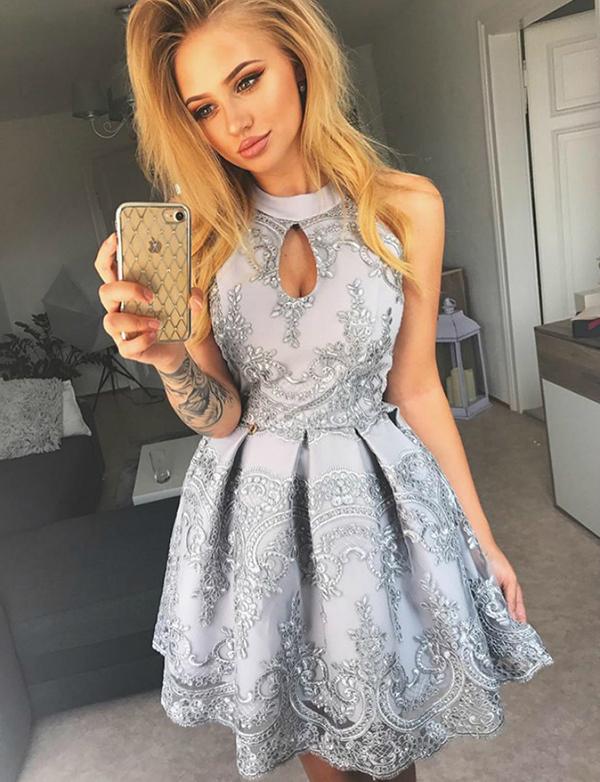 Keyhole Short Gray Homecoming Cocktail Dress With Appliques cg563