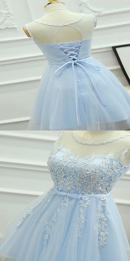 Elegant A-Line Light Blue Tulle Homecoming Dresses With Scoop Neckline, cg596