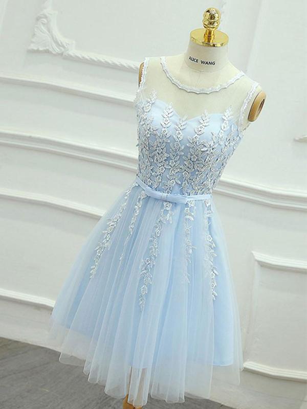 Elegant A-Line Light Blue Tulle Homecoming Dresses With Scoop Neckline, cg596