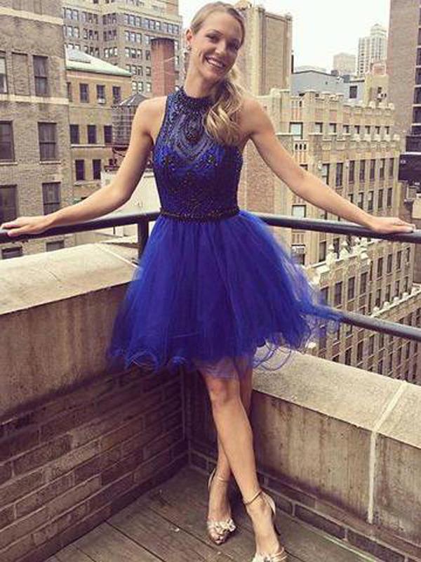 Royal Blue Short Beading Homecoming Dresses With Halter Neckline,Affordable Homecoming Dresses cg597