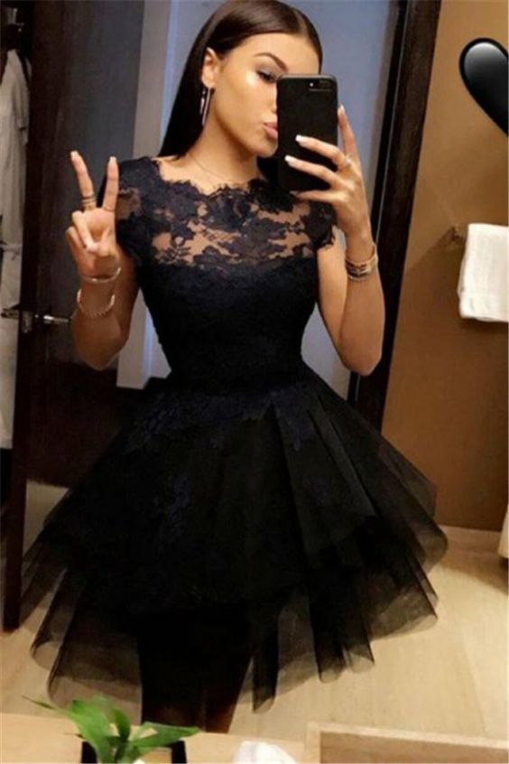 A-Line Jewel Cap Sleeves Appliques Black Homecoming Dress cg615