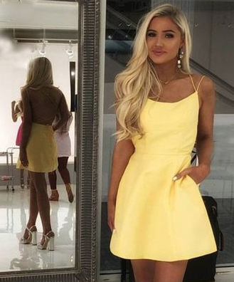 A-Line Spaghetti Straps Backless Yellow Short Homecoming Dress with Pockets cg642