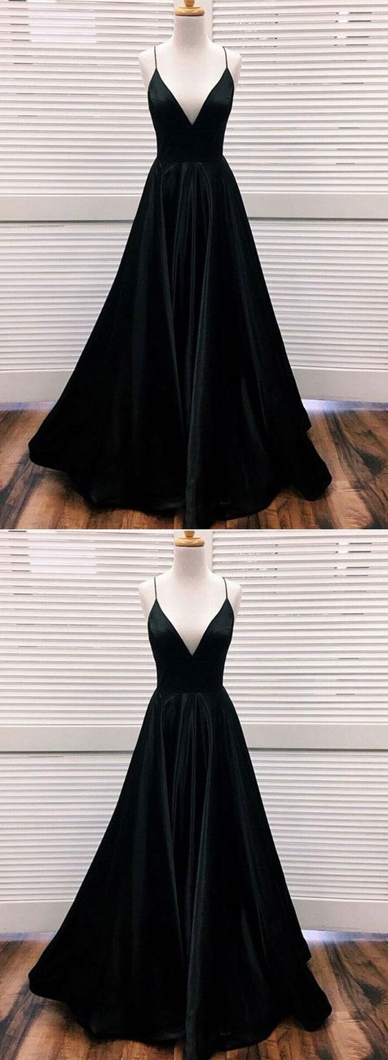 Black v neck satin long prom dress, black evening dress cg676