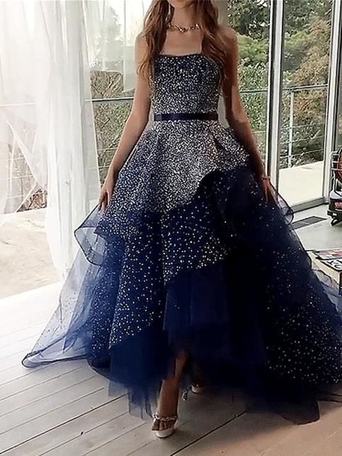 Strapless Navy Blue Starry Night Asymmetry Prom Dresses With Beading cg679