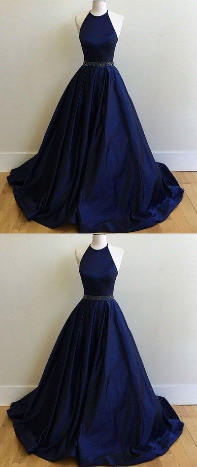 halter navy blue satin prom dress with belt, long simple formal dress cg690