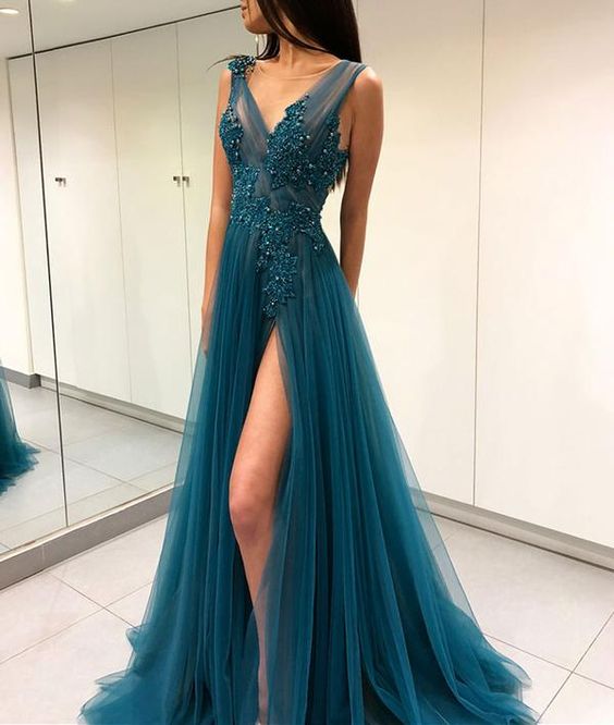 Fashion V-neck A-line Long Prom Dress Semi Formal Dresses Wedding Party Dress cg794