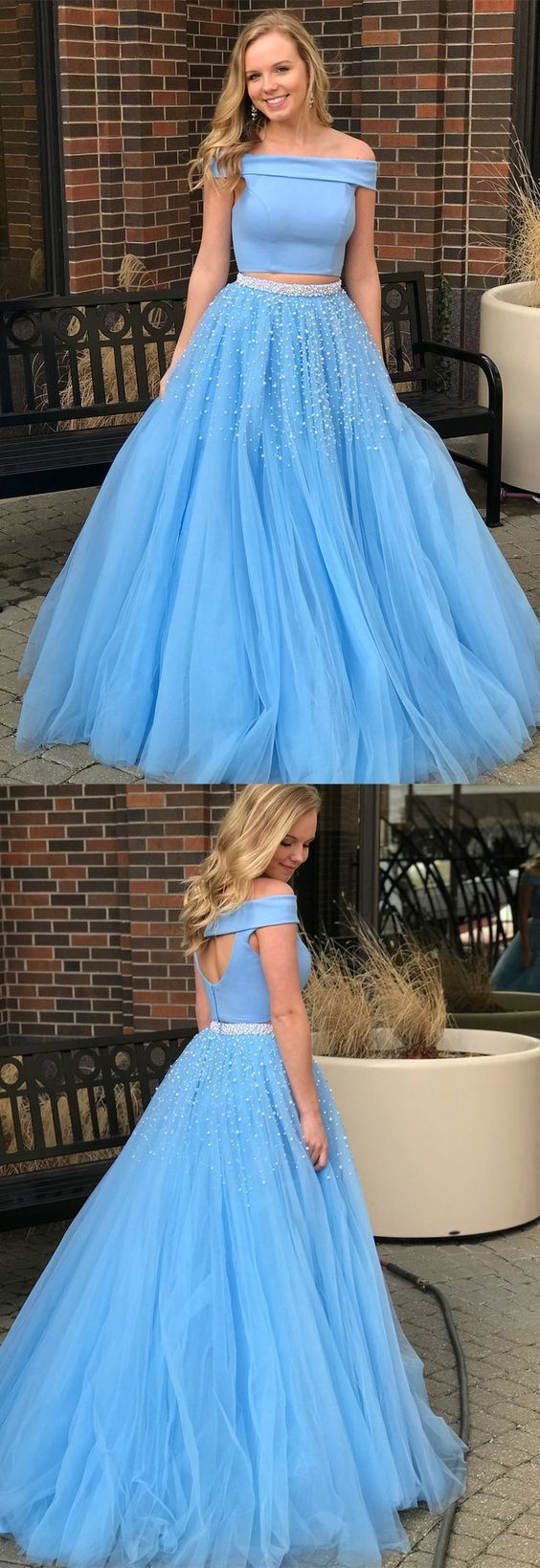 Two Piece Off-the-Shoulder Open Back Blue Prom Dress with Beading cg795