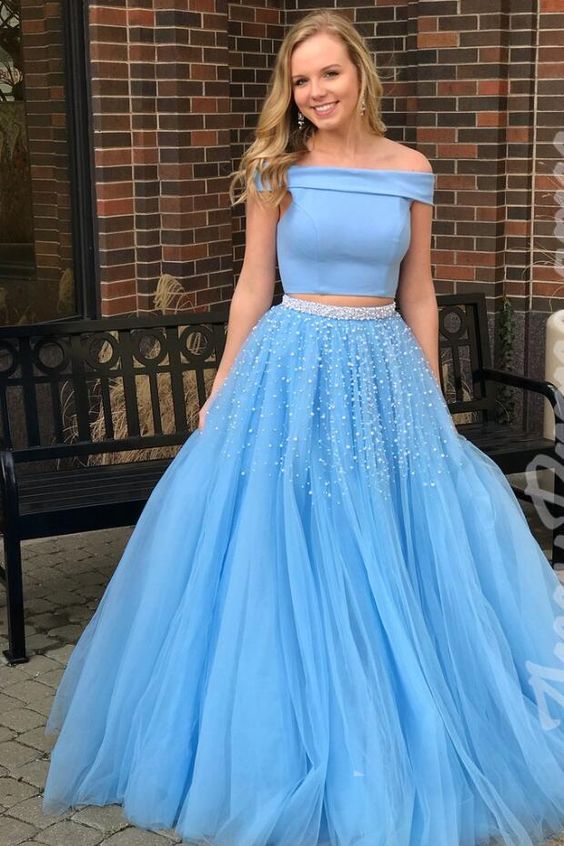 Two Piece Off-the-Shoulder Open Back Blue Prom Dress with Beading cg795