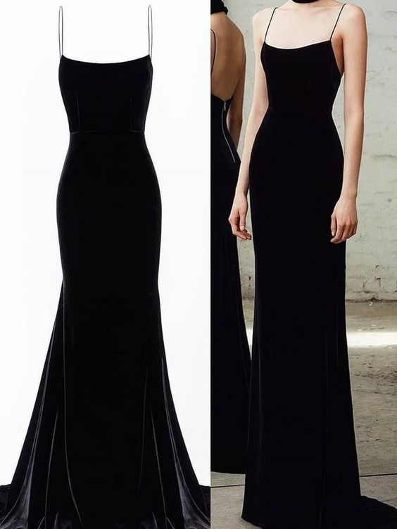Spaghetti Straps Black Mermaid Long Prom Dresses, Black Mermaid Long Formal Evening Dresses cg8078