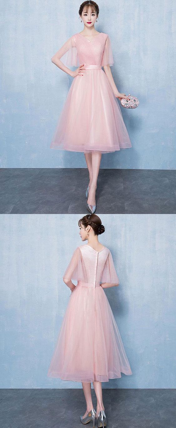 Simple v neck tulle short homecoming dress, pink tulle homecoming dress cg812