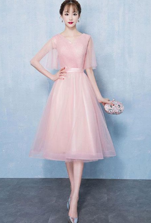 Simple v neck tulle short homecoming dress, pink tulle homecoming dress cg812