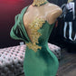 Emerald Green Evening Dresses High Neck Appliques Gold Lace Mermaid Prom Dresses Sexy Formal Velvet Party Gowns    cg19494