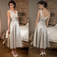 Vintage V Neck Tea Length Silver Occasion Dress with Pleated Cummerband Sexy V Neck Lace Prom Dresses  cg9700